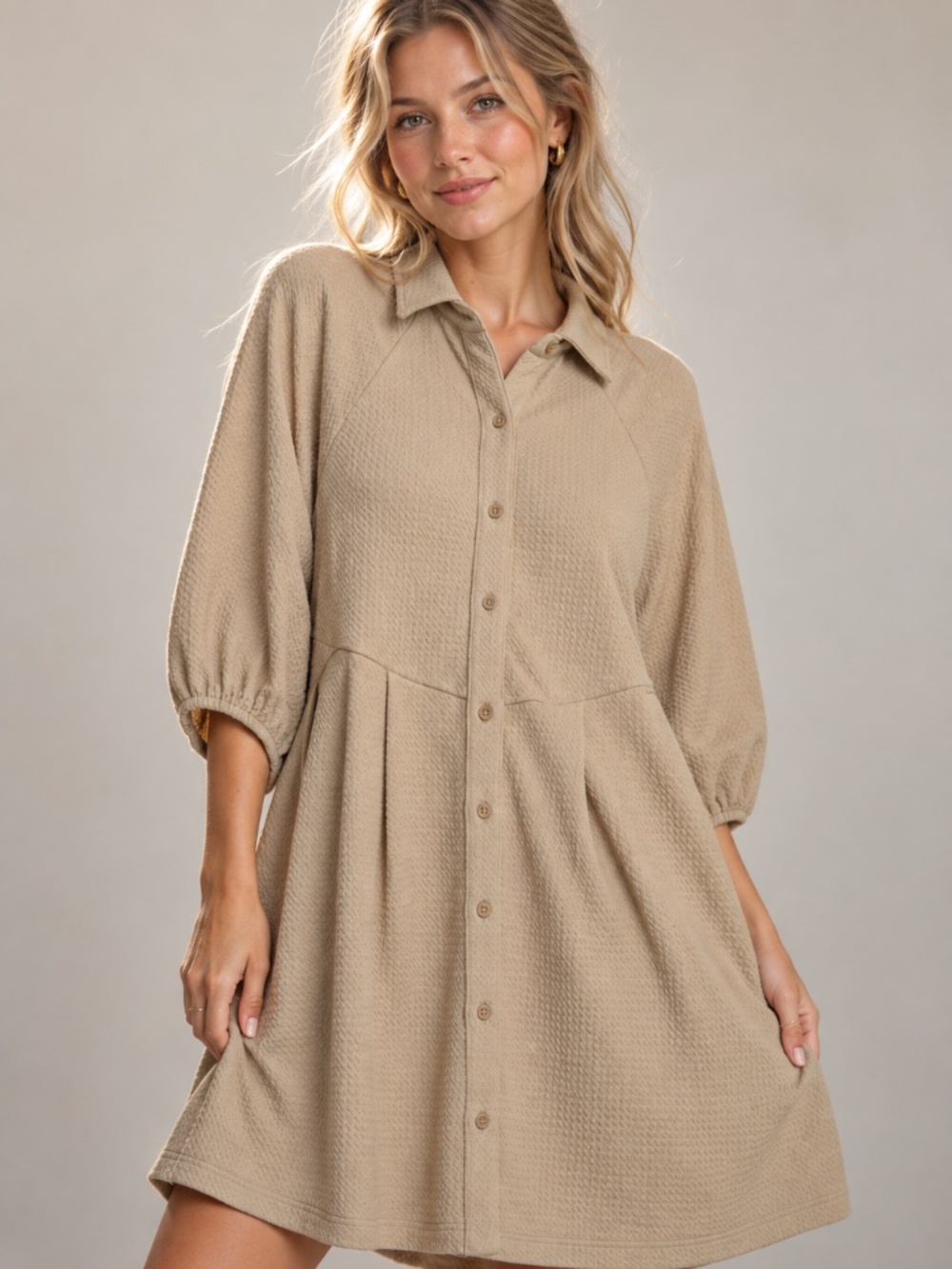 Umgee NWT Khaki Textured Button Front Mini Shirt Dress